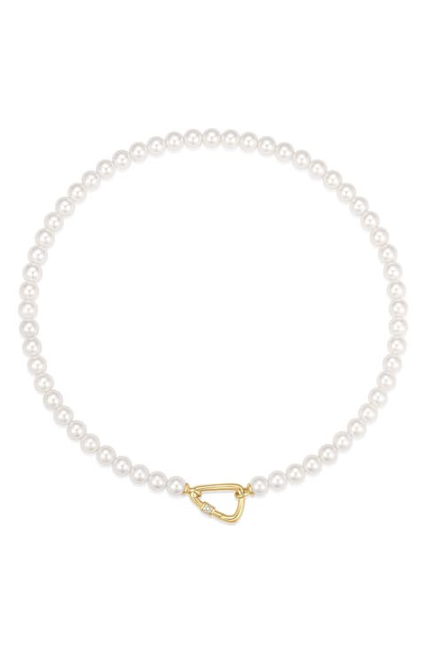 Pavé Carabiner Clasp Faux Pearl Necklace