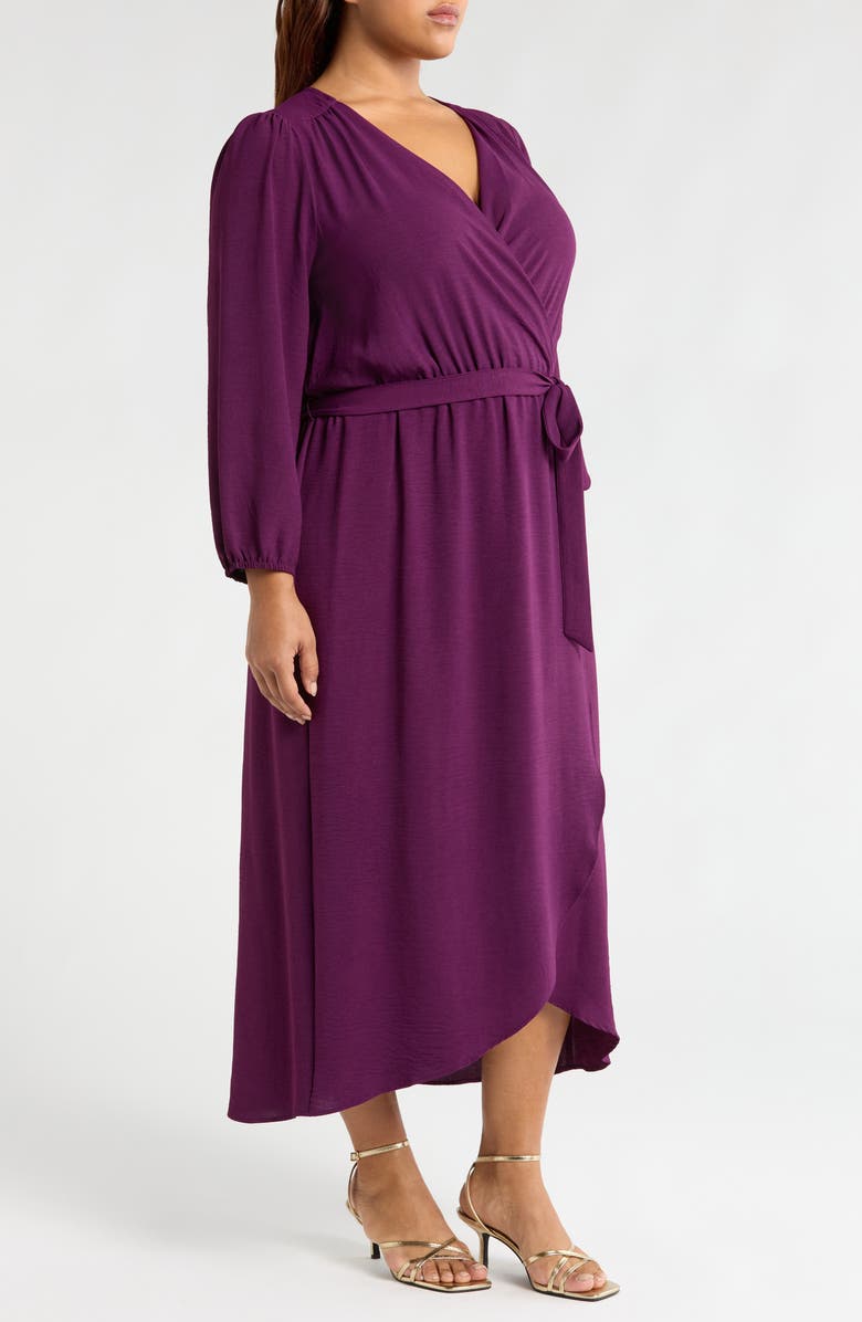 Connected Apparel Tie Waist Long Sleeve Wrap Dress, Alternate, color, Plum