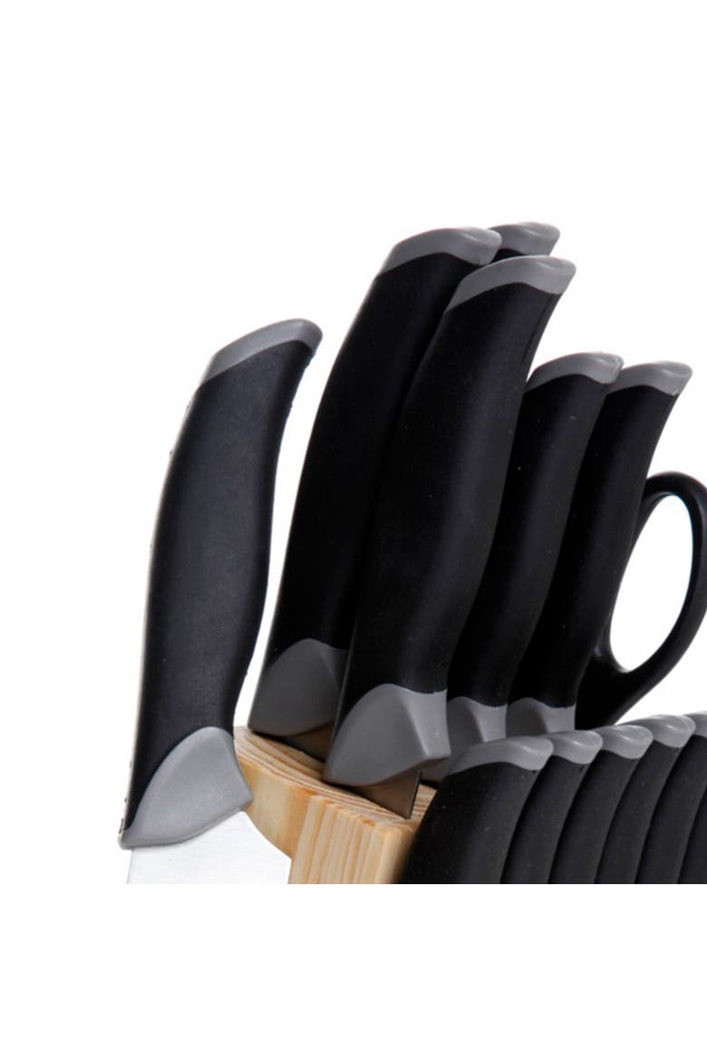 Lingbergh 14 Piece Stainless Steel Cutlery Knife Set with Pine Wood Block, Alternate, color, Black