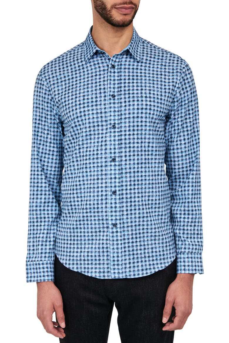 Slim Fit Wyckoff Blurry Gingham 4-Way Stretch Performance Long Sleeve Shirt, Main, color, BLUE