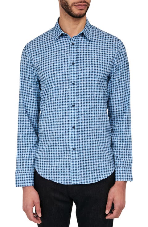 Slim Fit Wyckoff Blurry Gingham 4-Way Stretch Performance Long Sleeve Shirt