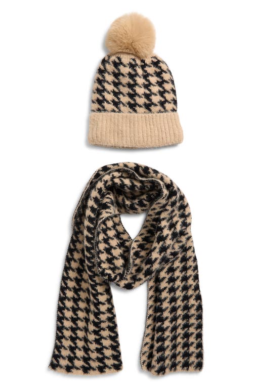 Tasha Pompom Beanie & Scarf Set In Neutral