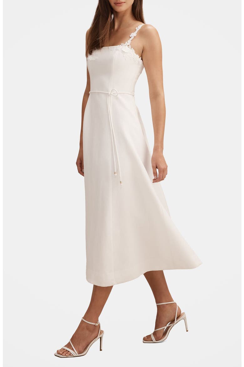 Rosette Floral Appliqué Linen Blend Fit & Flare Dress, Alternate, color, PORCELAIN