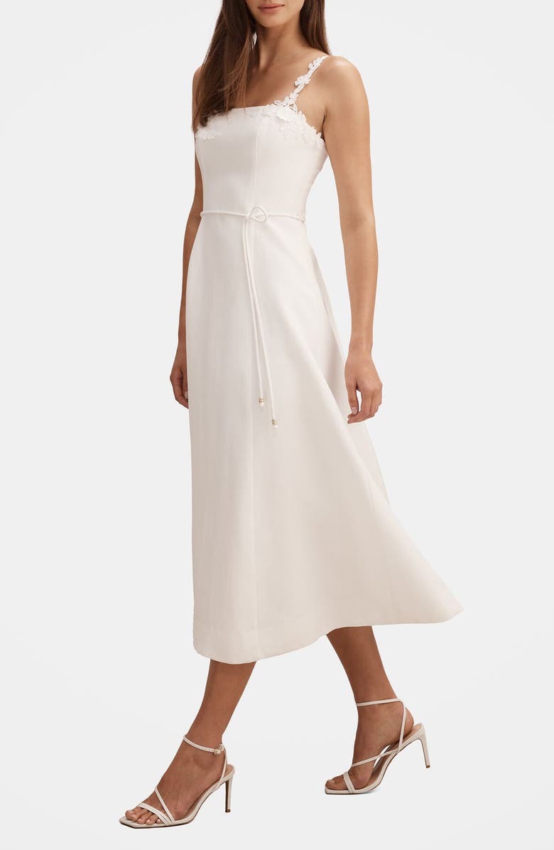 Ever New Rosette Floral Appliqué Linen Blend Fit & Flare Dress, Alternate, color, Porcelain
