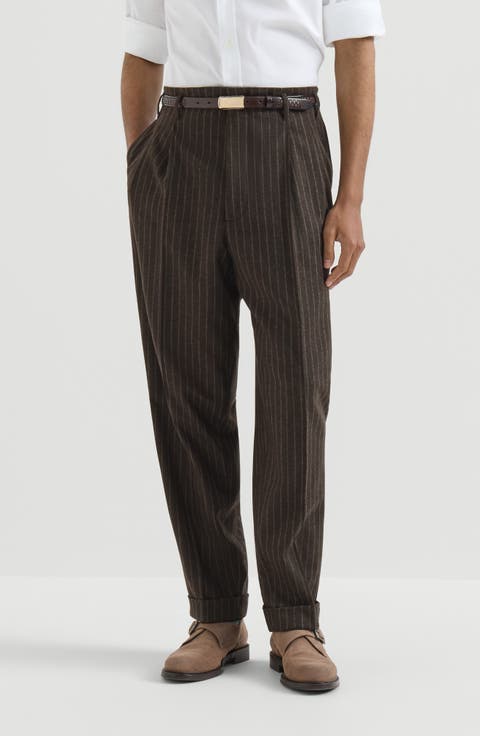 Virgin wool and cashmere chalk stripe trousers with double pleats