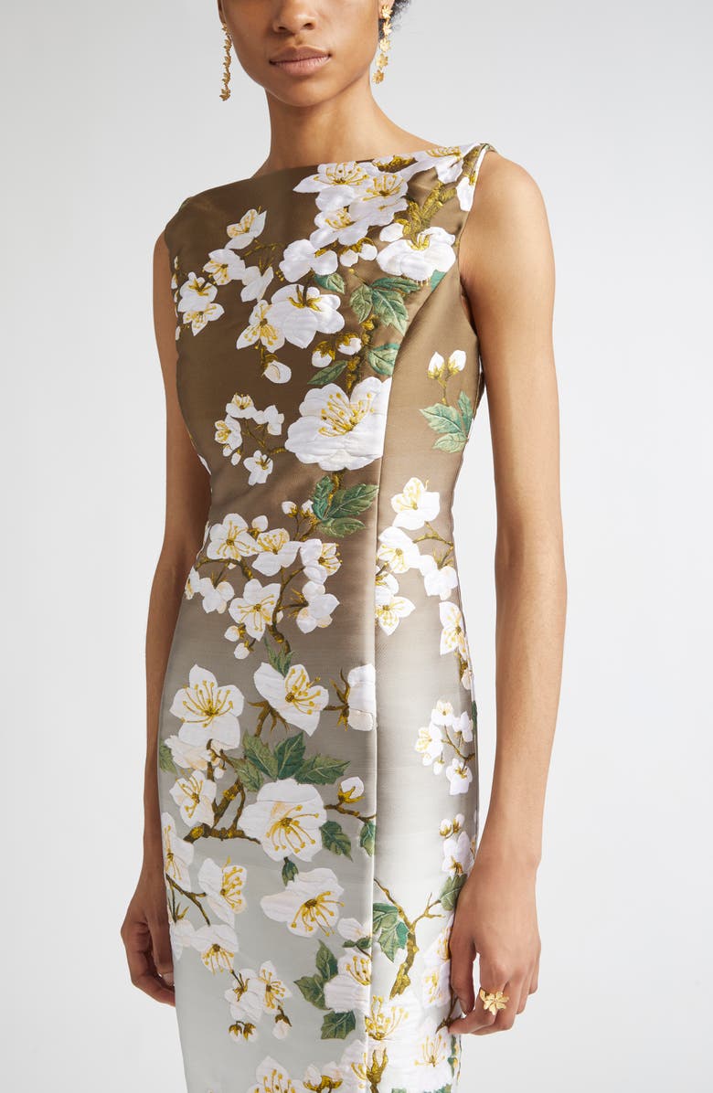 Oscar de la Renta Dégradé Cherry Blossom Jacquard Sheath Dress, Alternate, color, White Khaki Ombre