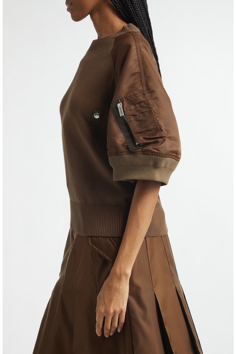Mixed Media Knit & Nylon Twill Cardigan, Alternate, color, BROWN