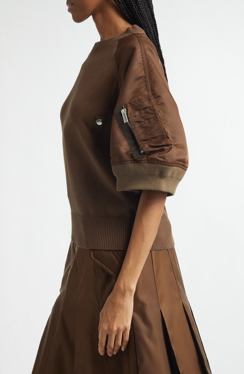 Sacai Mixed Media Knit & Nylon Twill Cardigan, Alternate, color, Brown