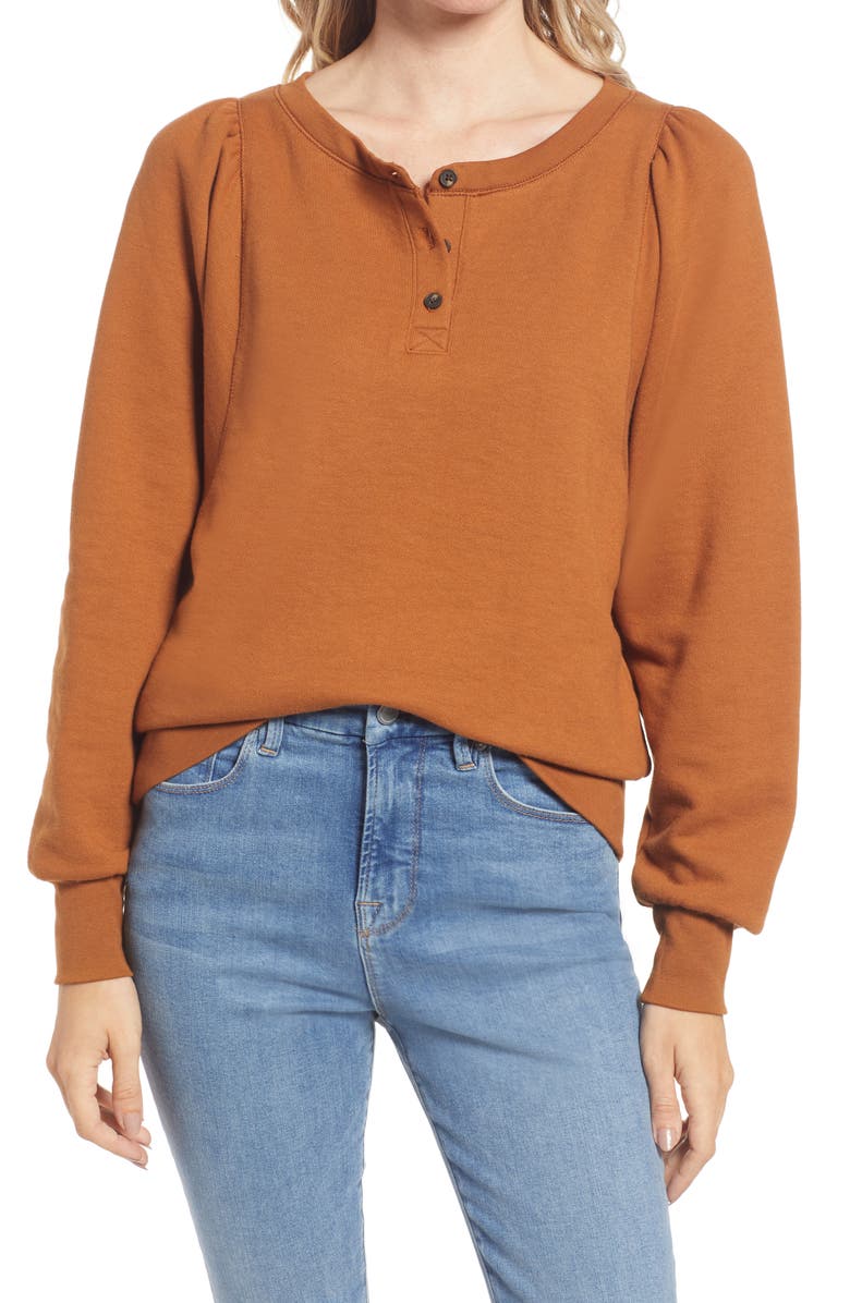 Madewell Henley Puff Sleeve Sweatshirt, Main, color, 