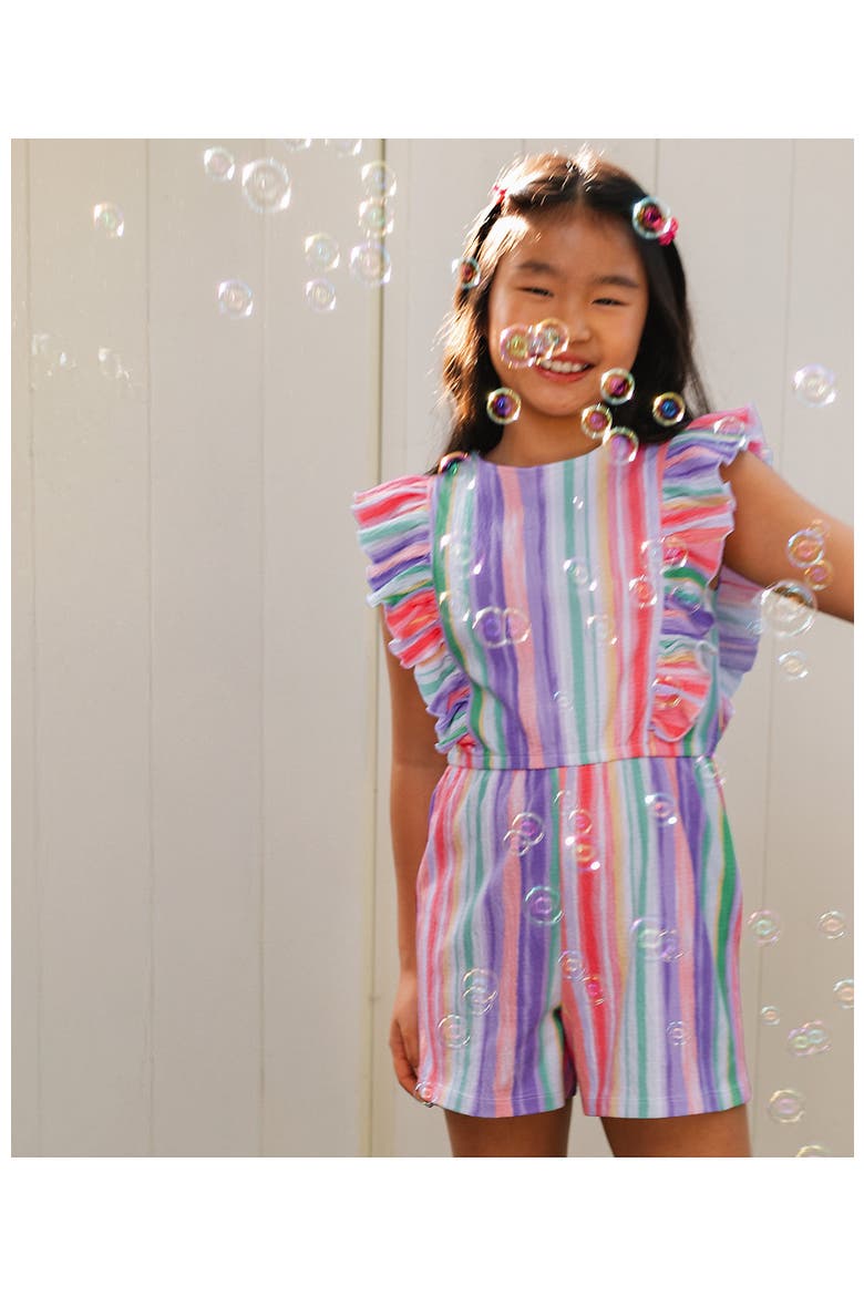 Girls Sleeveless Ruffle Knit Romper, Main, color, Watercolor Stripe