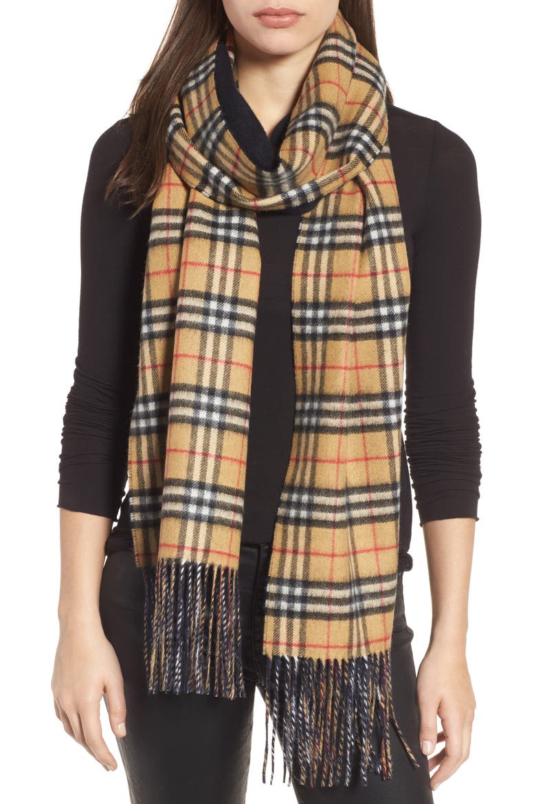 Reversible Vintage Check Cashmere Scarf, Alternate, color, BLUE CARBON
