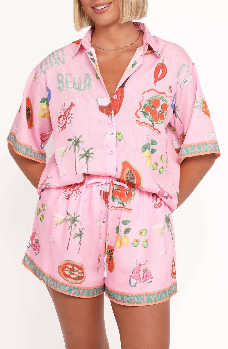 Petal & Pup Giulia La Dolce Vita Print Button-Up Shirt & Shorts Set, Main, color, Dolce Vita