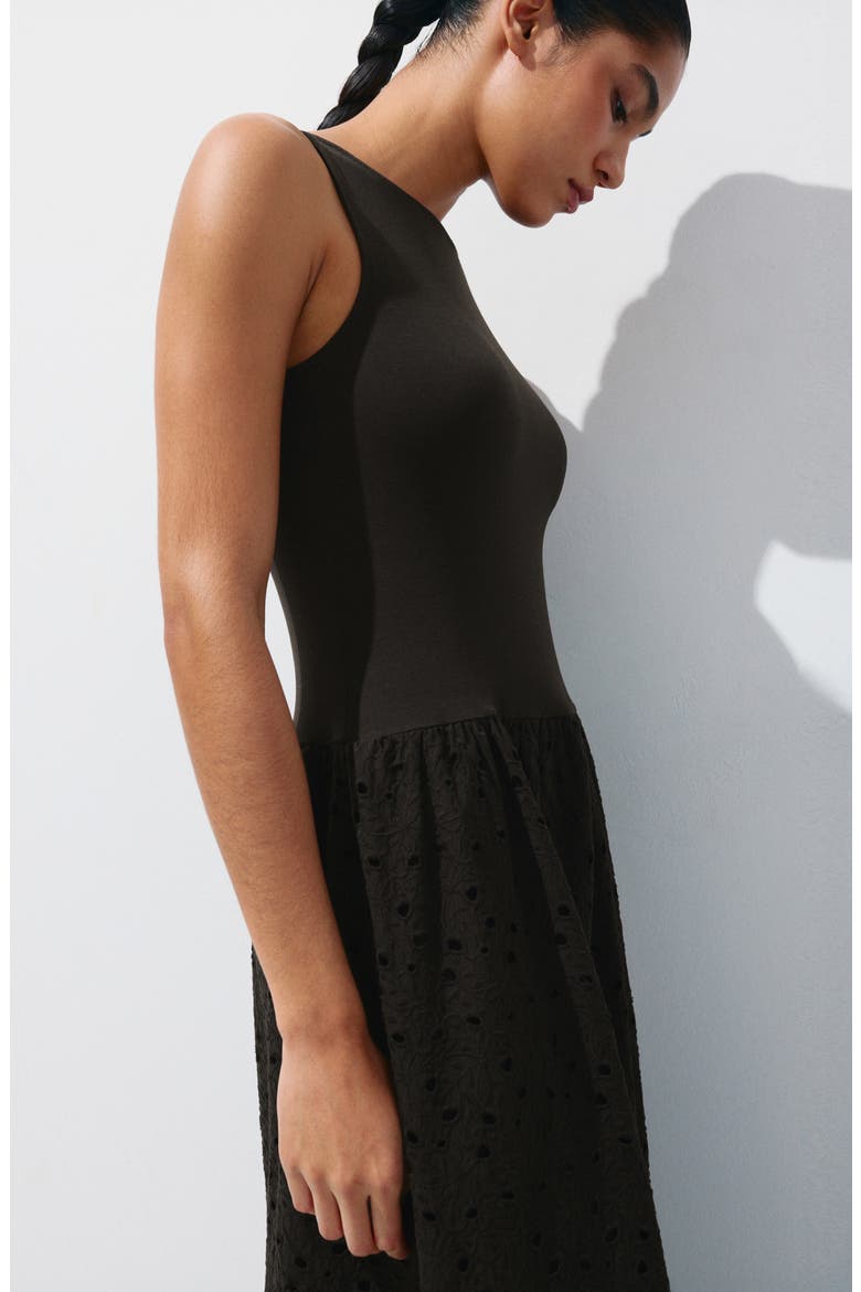 Embroidered Eyelet Mixed Media Dress, Alternate, color, BROWN