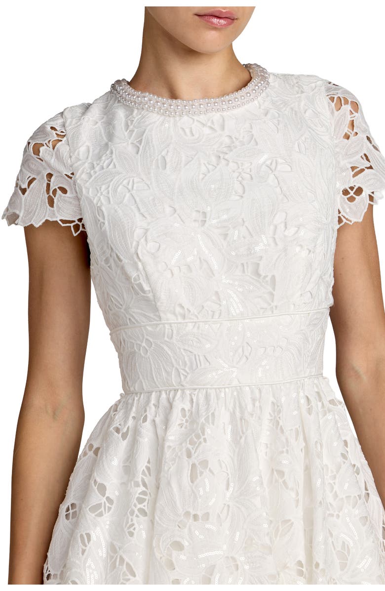 Mac Duggal Petite Lace Embellished Cap Sleeves A Line Midi Dress, Alternate, color, Ivory