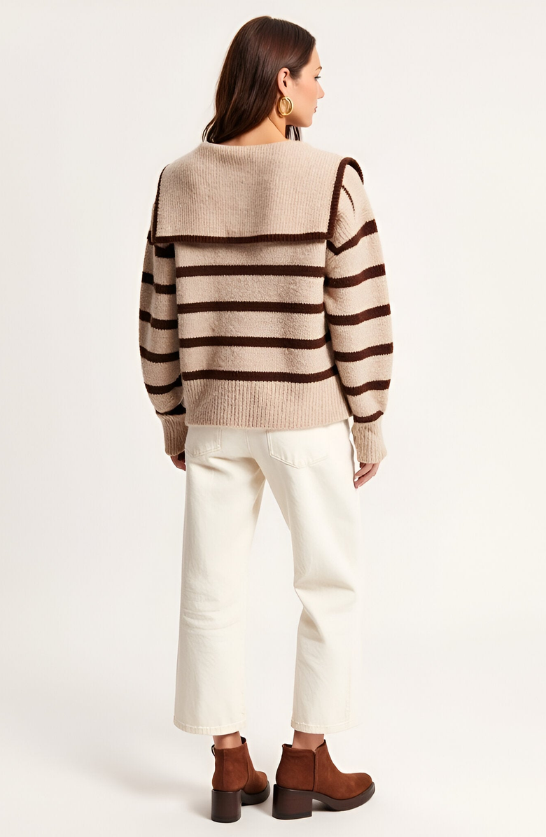 Modenaire Striped Crewneck Sweater with Sailor Collar and Front Tie Detail, Alternate, color, Beige / Brown Stripes