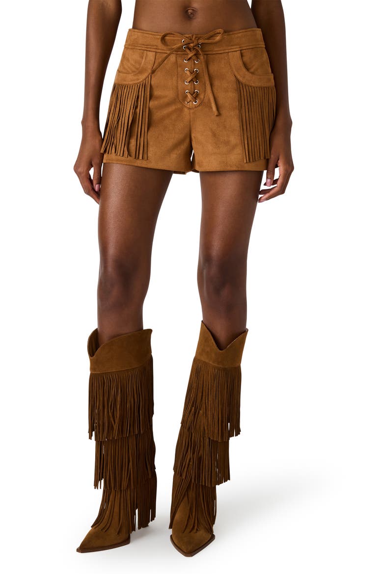 Cheyenne Fringe Detail Faux Suede Shorts, Main, color, CHICORY COFFEE