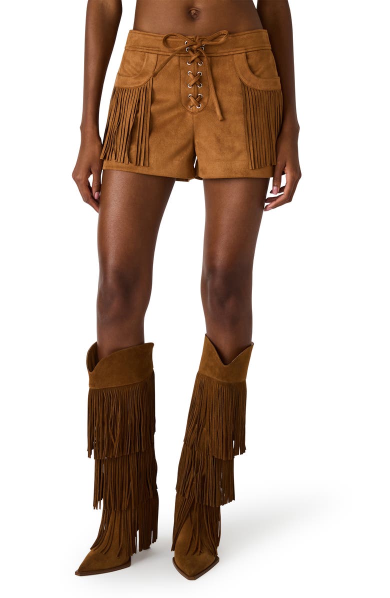 Steve Madden Cheyenne Fringe Detail Faux Suede Shorts, Main, color, Chicory Coffee