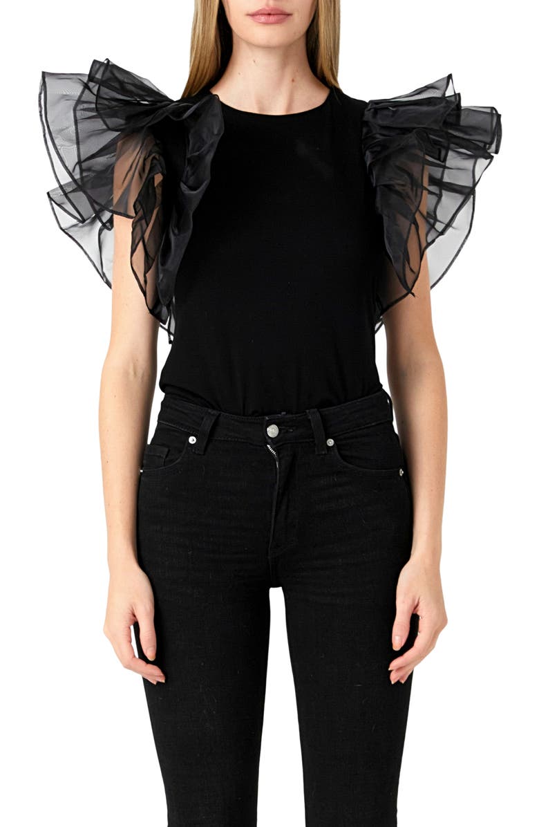 Endless Rose Organza Ruffle Sleeve Top, Main, color, Black
