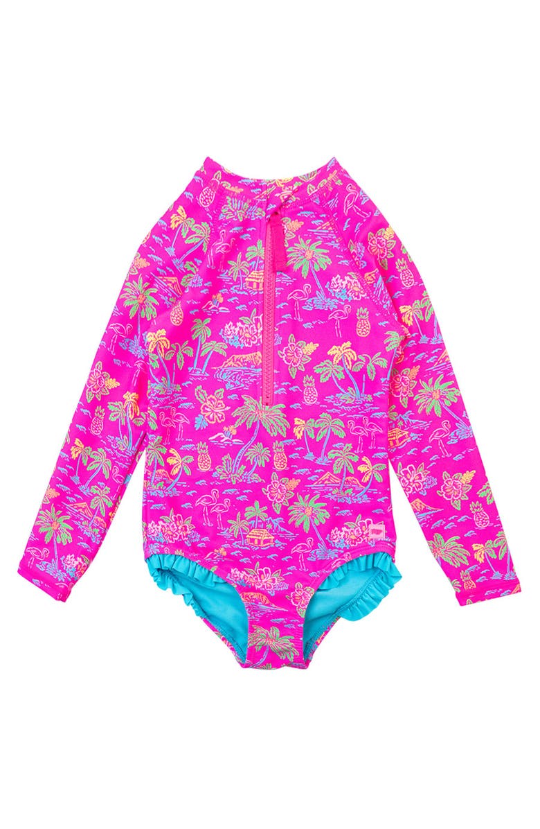 RuffleButts Girls UPF50+ Sun Protection Long Sleeve Rash Guard One Piece, Main, color, Neon Island Time