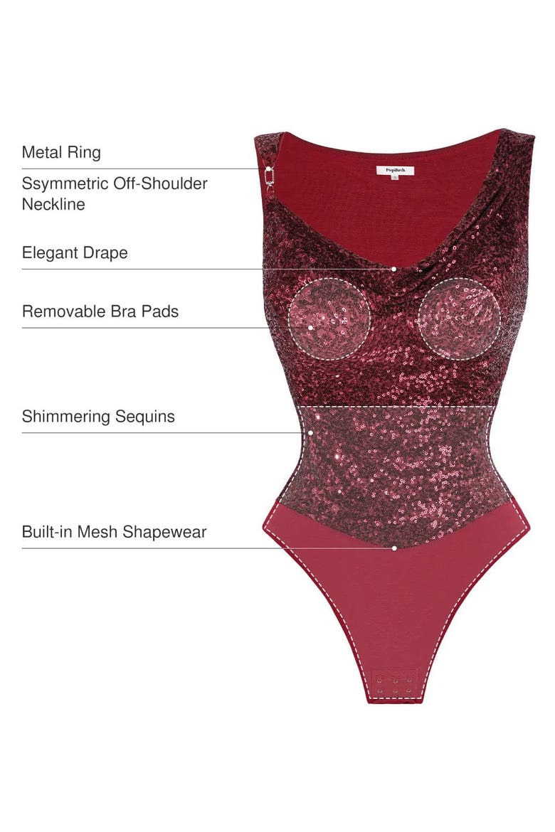 Sequin Cowl Neck Chain Detail Sculpting Bodysuit, Alternate, color, Mahogany Red