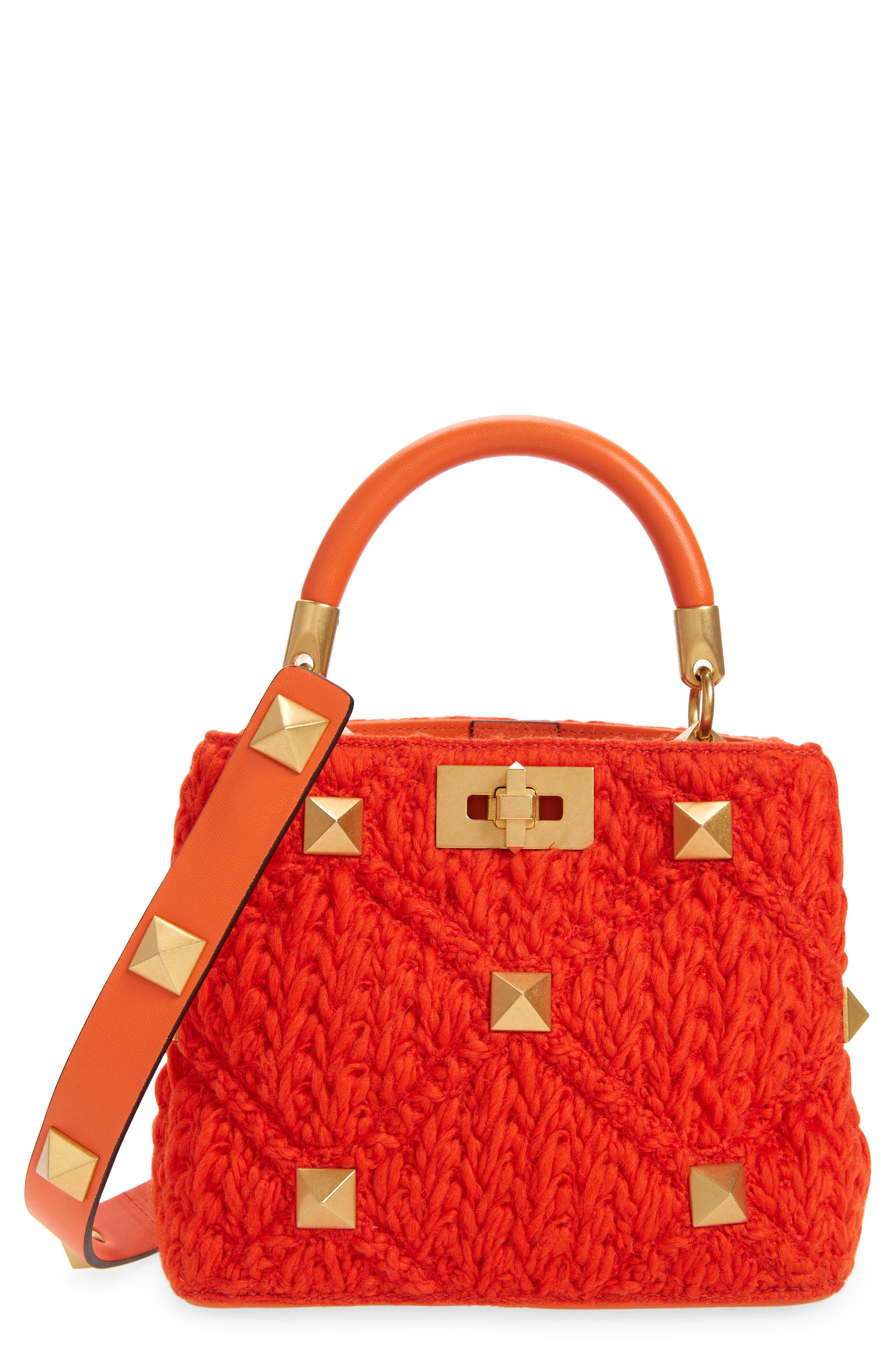 Valentino Garavani Medium Roman Stud Crochet Wool Top Handle Bag, Main, color, 