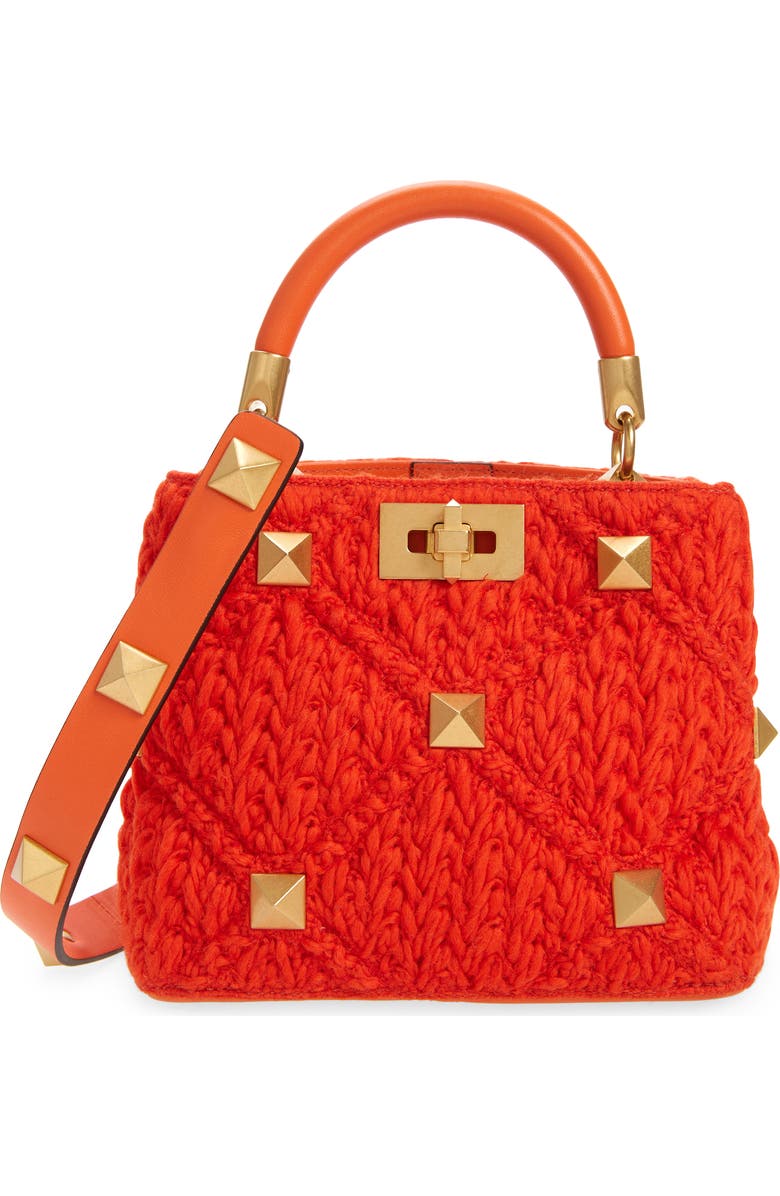 Valentino Garavani Medium Roman Stud Crochet Wool Top Handle Bag, Main, color,