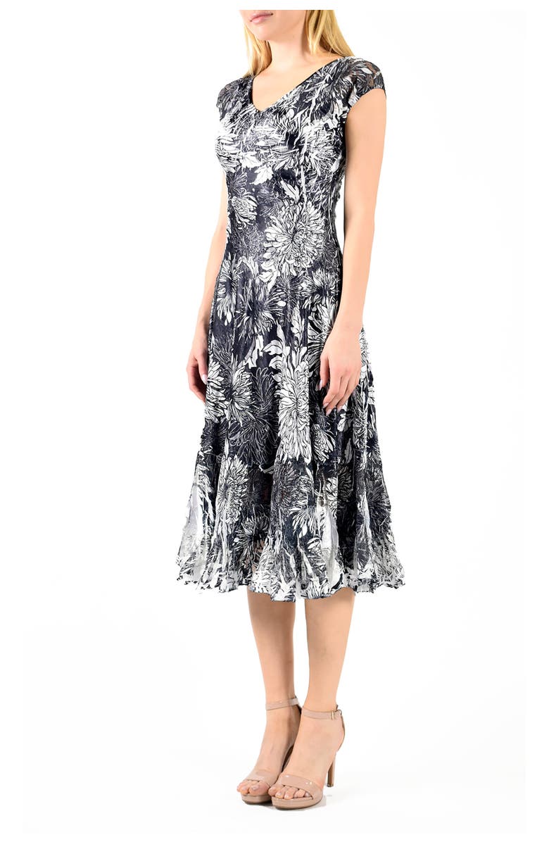 Komarov Dhalia Print Cap Sleeve Dress w Lace, Alternate, color, Black Dhalia