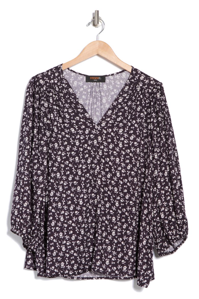 Floral Print V-Neck Top, Alternate, color, NAVY/ WHITE