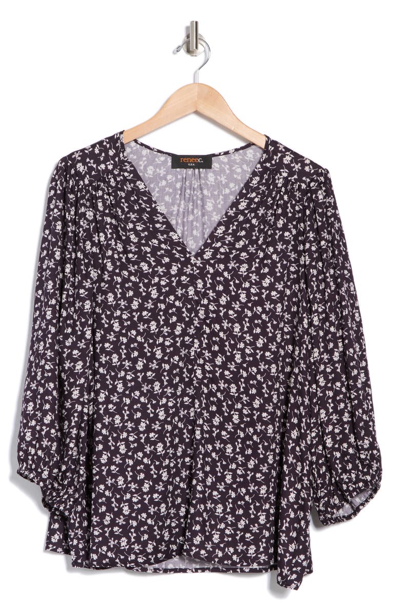 Renee C Floral Print V-Neck Top, Alternate, color, Navy/ White