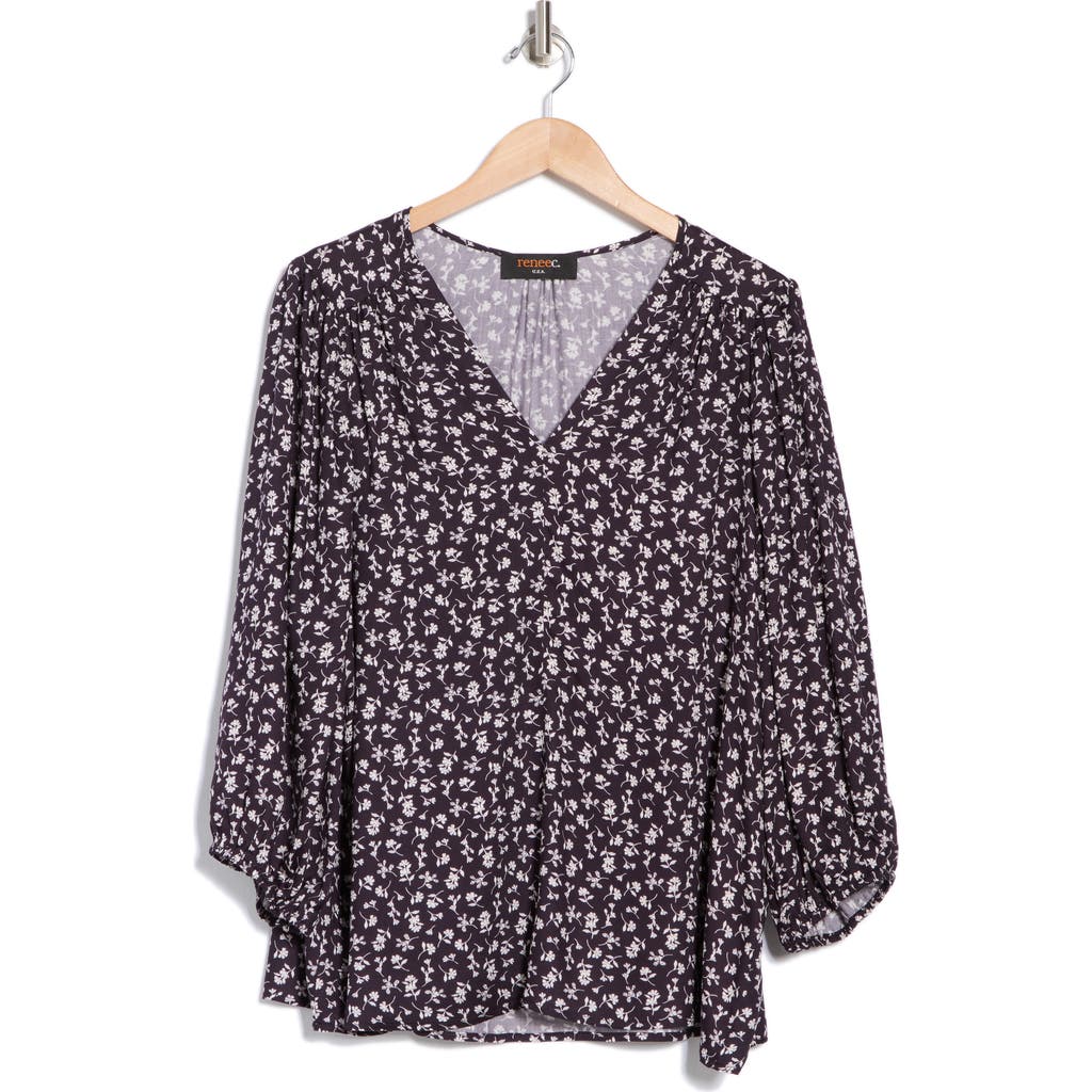 Shop Renee C Floral Print V-neck Top In Navy/white