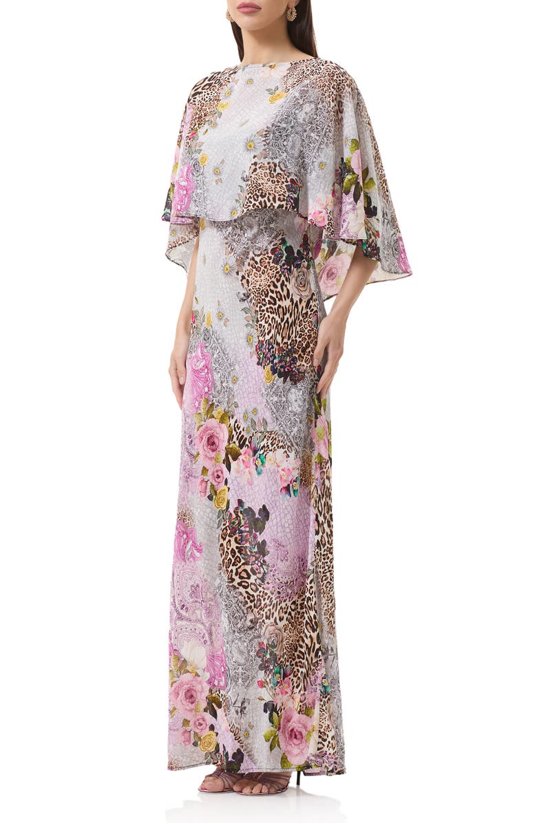 AFRM Izel Mix Print Maxi Slip Dress with Removable Cape, Alternate, color, Natural Patchwork