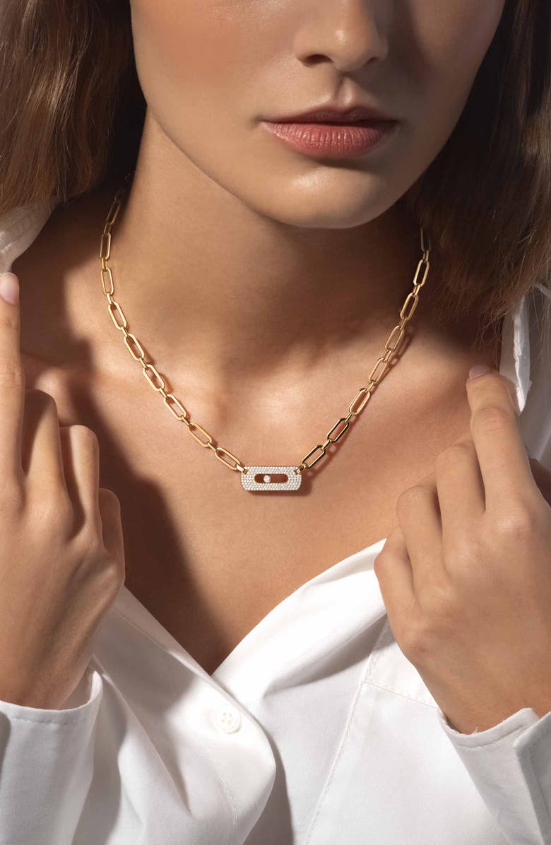 Messika My Move Paperclip Pavé Diamond Pendant Necklace, Alternate, color, Yellow Gold