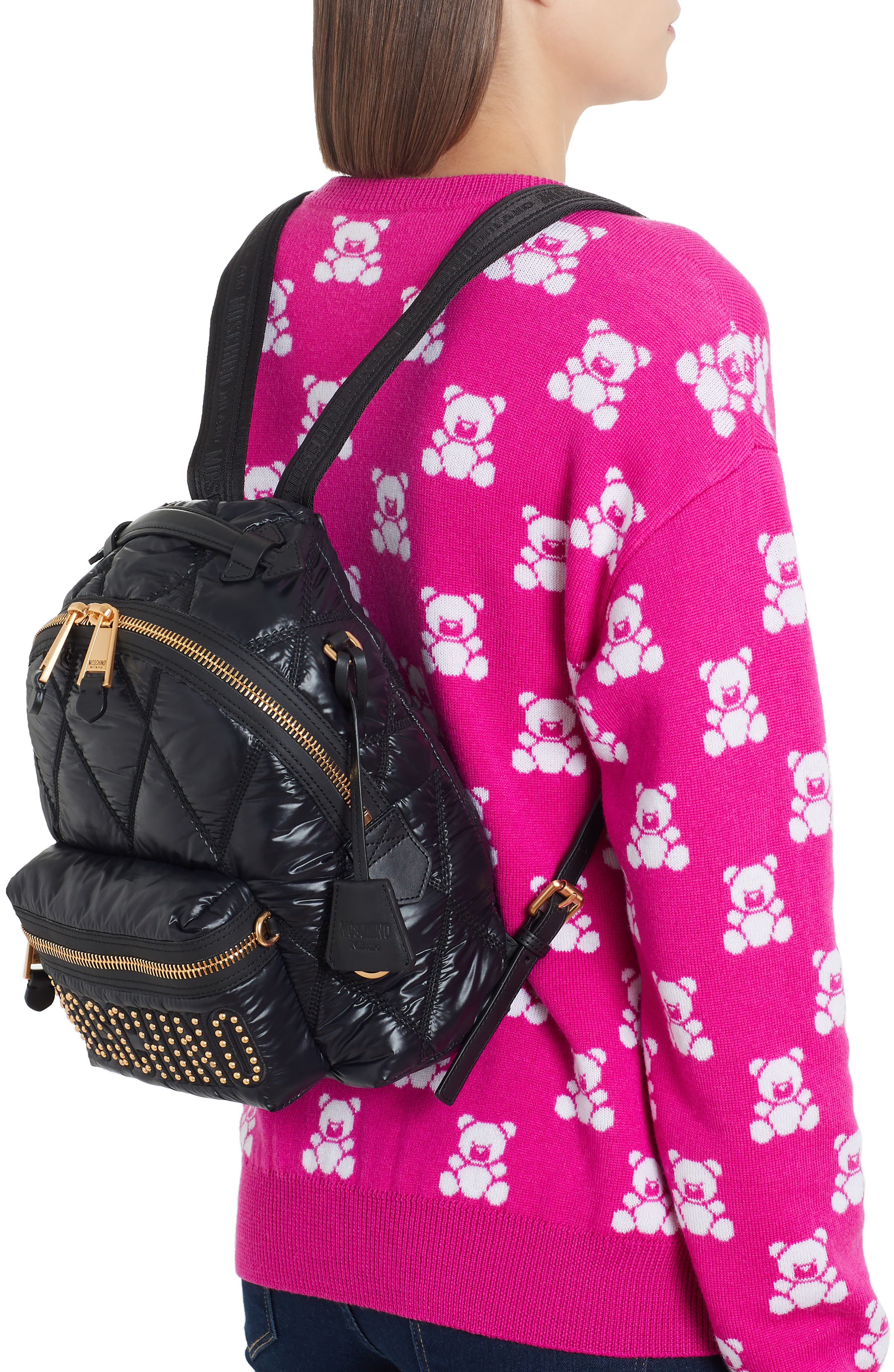 Moschino Quilted Nylon Backpack, Alternate, color, 