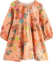 NEXT Kids' Floral Long Sleeve Cotton Seersucker Dress