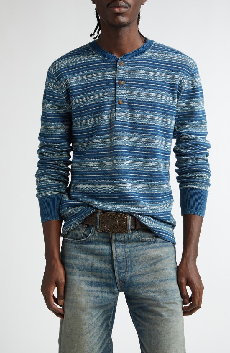 Double RL Indigo Stripe Jacquard Henley Shirt, Main, color, 