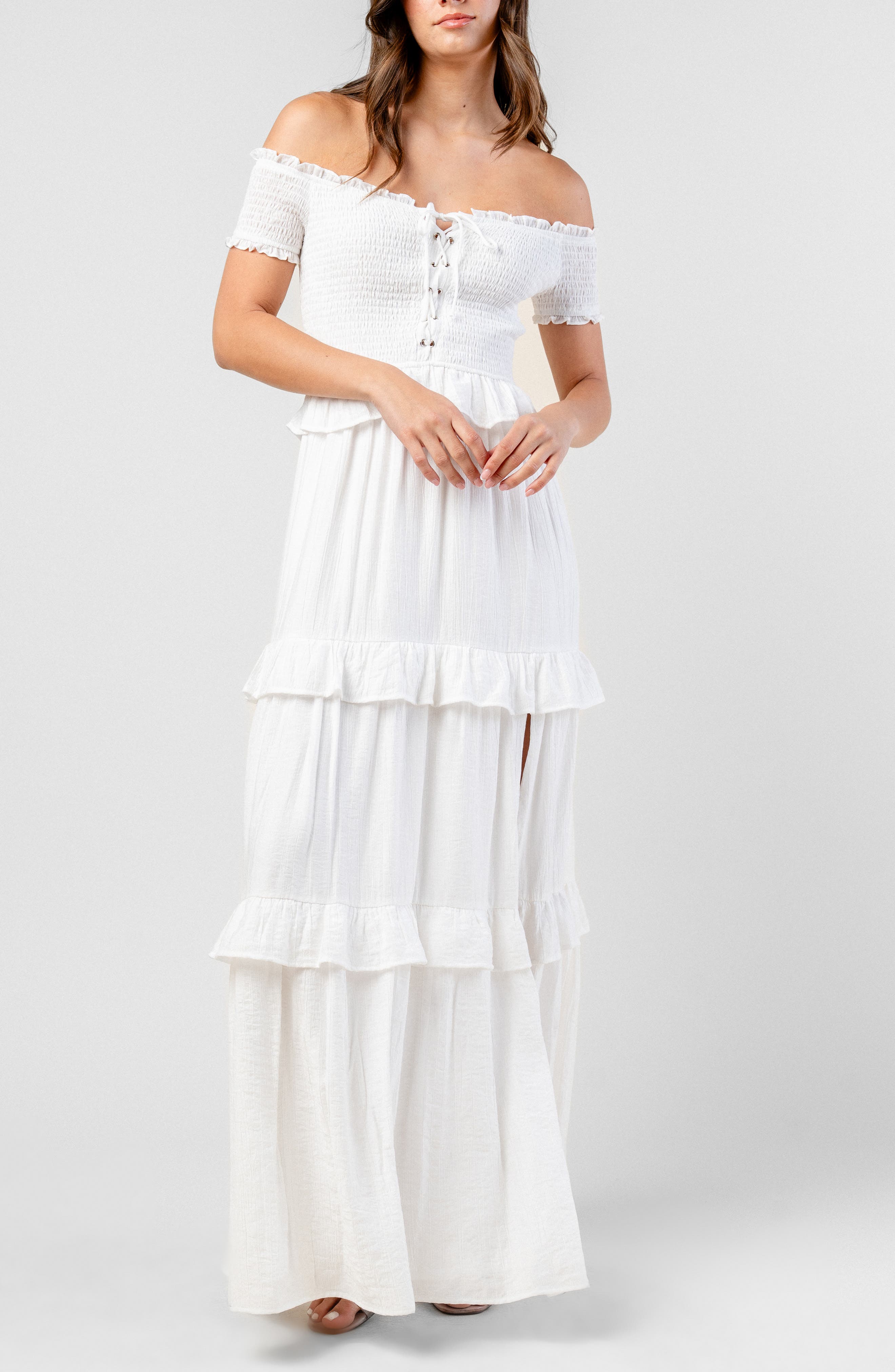 Beivy Off the Shoulder Short Sleeve Tiered Maxi Dress