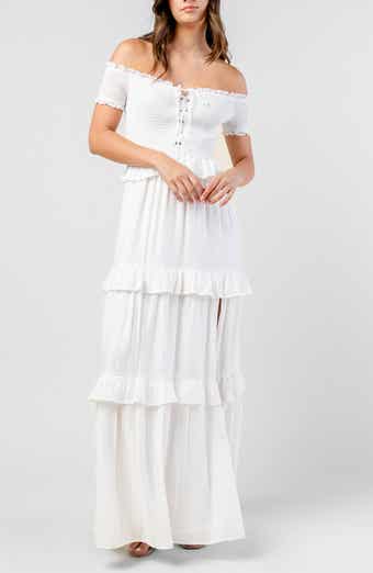 Off the Shoulder Short Sleeve Tiered Maxi Dress