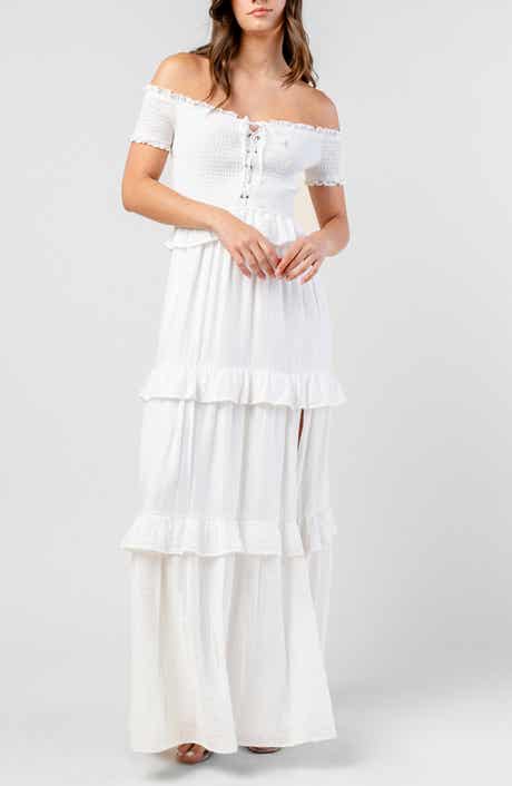 Beivy Off the Shoulder Short Sleeve Tiered Maxi Dress