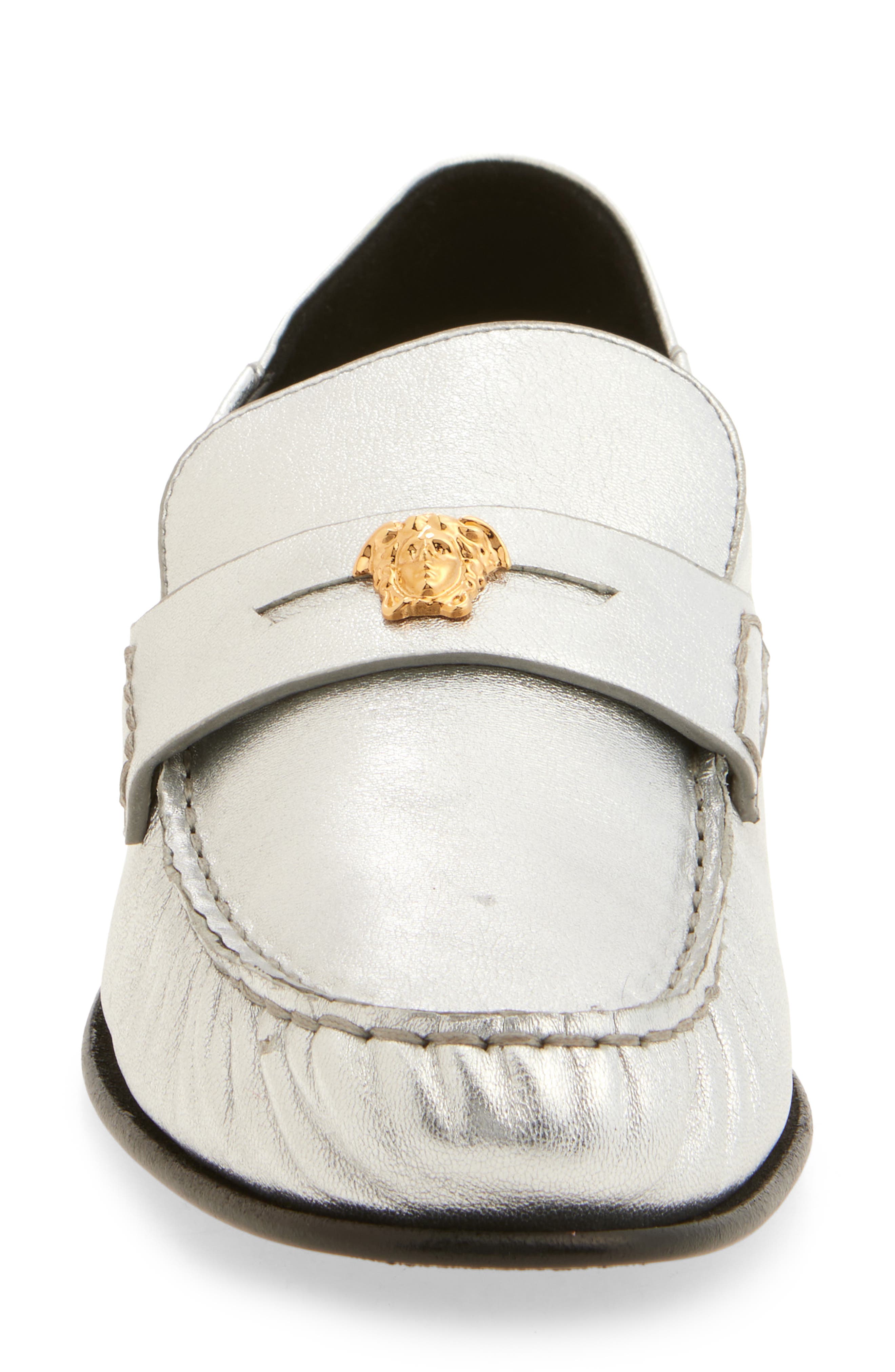 Versace Medusa Convertible Metallic Penny Loafer, Alternate, color, Silver-Versace Gold