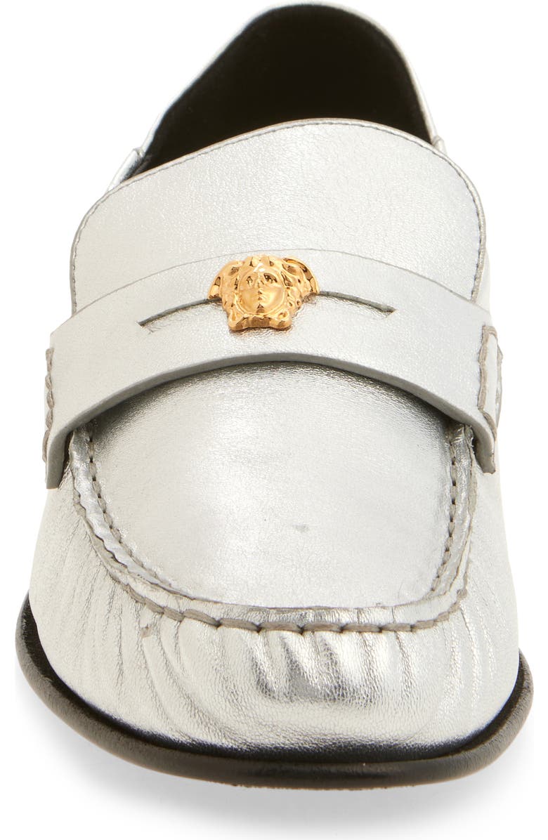 Versace Medusa Convertible Metallic Penny Loafer, Alternate, color, Silver-Versace Gold