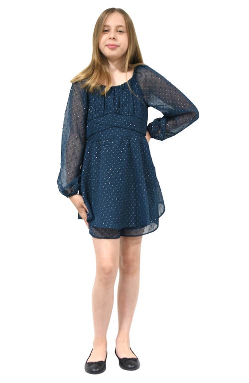 Zunie Kids' Metallic Long Sleeve Clip Dot Chiffon Party Dress in Teal 