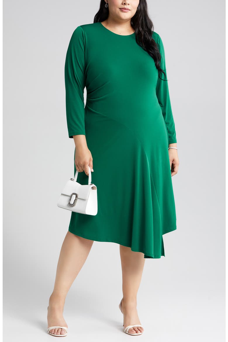 Long Sleeve Asymmetric Hem Jersey Dress, Main, color, EVERGREEN