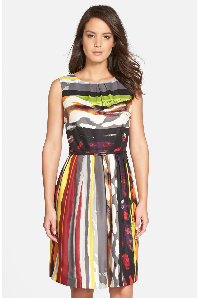 'Galaxy Stripe' Belted Print Twill Fit & Flare Dress, Main, color, GREY MULTI