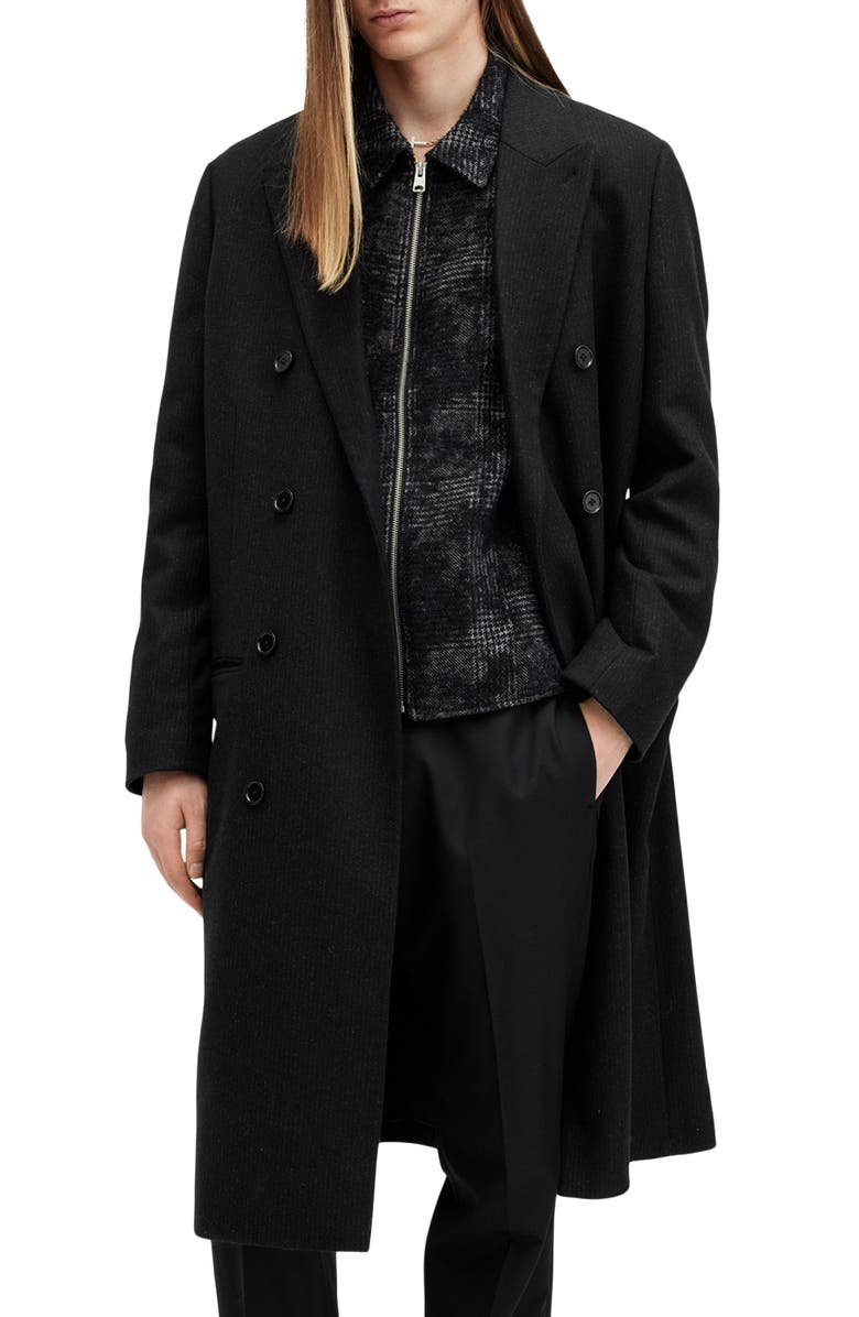 AllSaints Arcade Double Breasted Wool Blend Topcoat, Main, color, Black