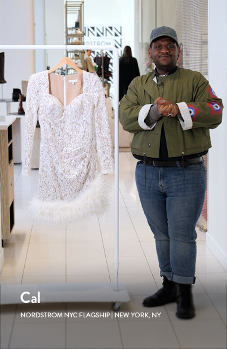 Carly Sequin Lace Feather Trim Long Sleeve Minidress, sales video thumbnail