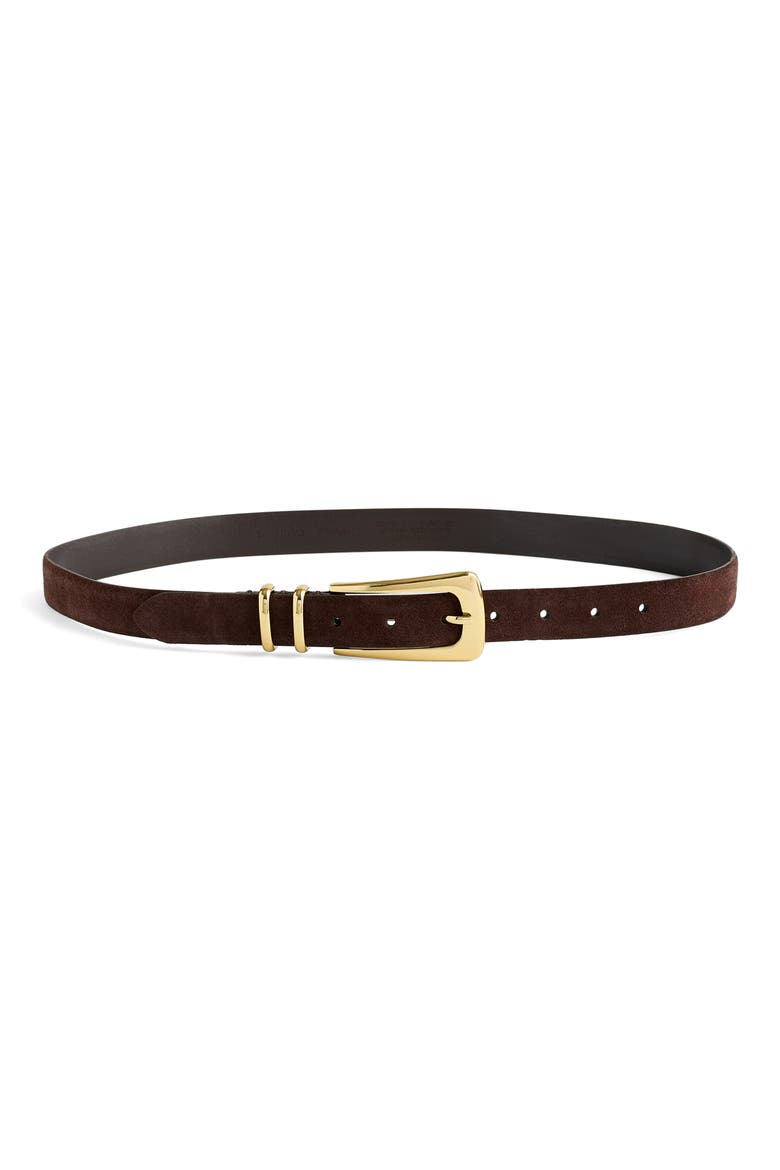 Elongated Buckle Suede Belt, Main, color, DARK CAROB