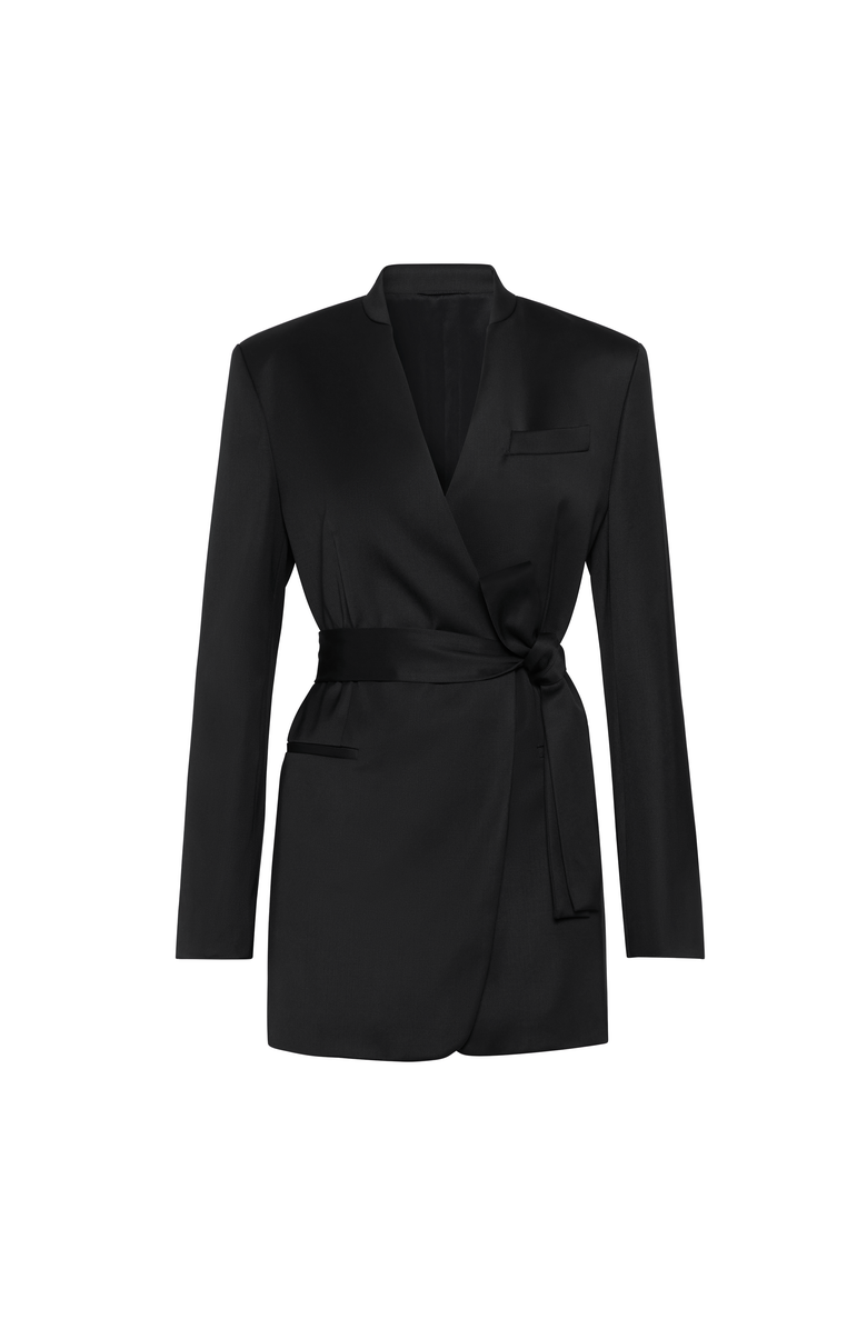 Brunello Cucinelli Satin belted blazer with monili, Main, color, Black