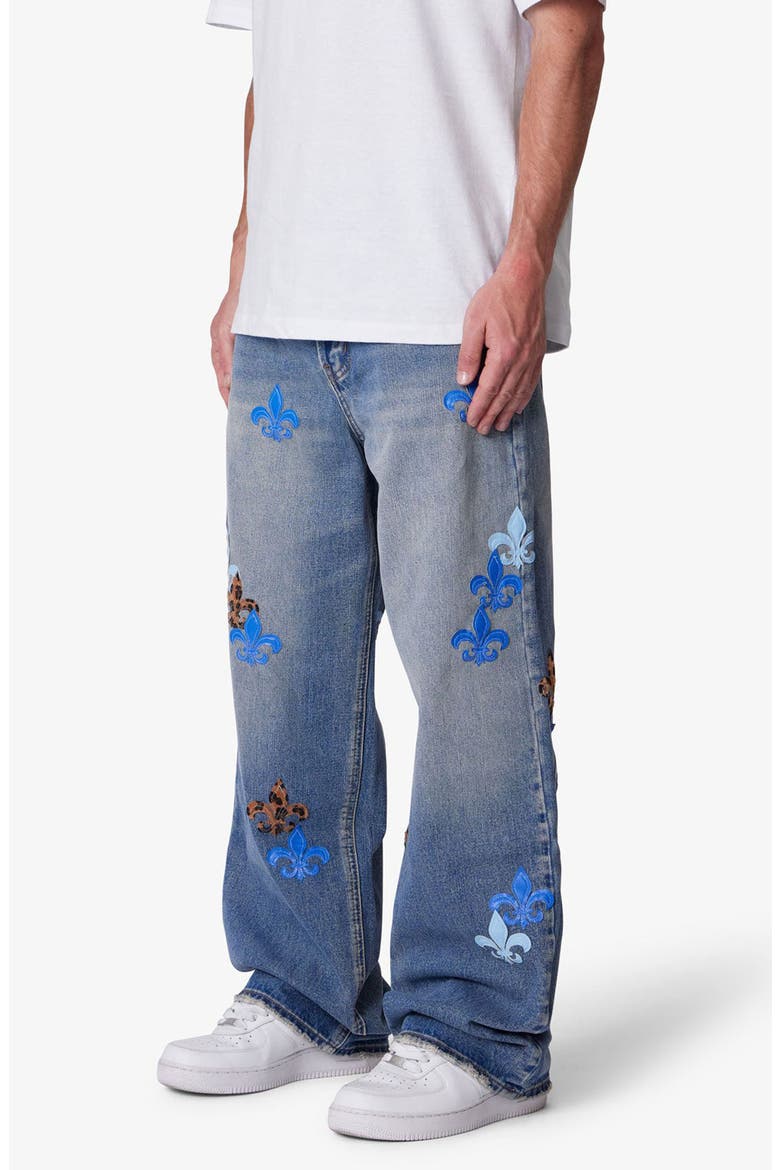 Embroidered Fleurs de Lis Ultra Baggy Jeans, Alternate, color, BLUE