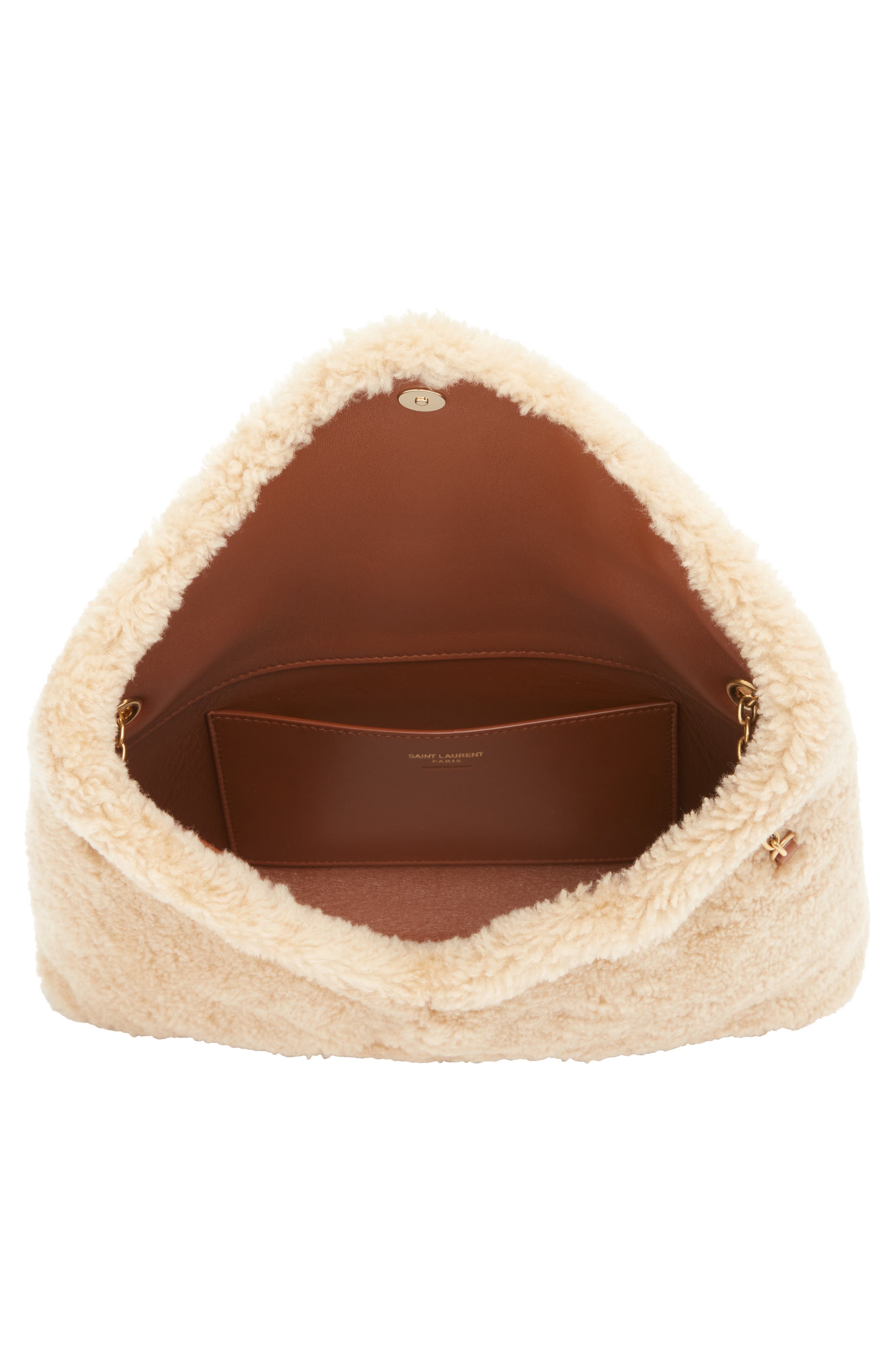 Saint Laurent Cassandre Genuine Shearling Shoulder Bag, Alternate, color, Naturel/ Brick