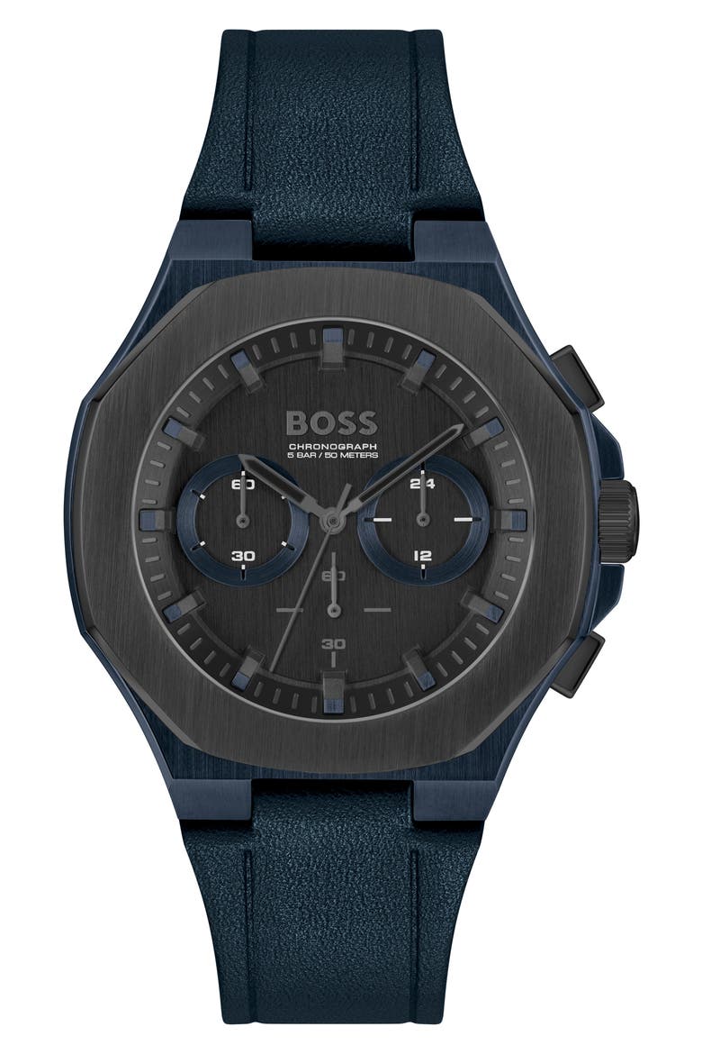 Taper Chronograph Leather Strap Watch, Main, color, BLACK